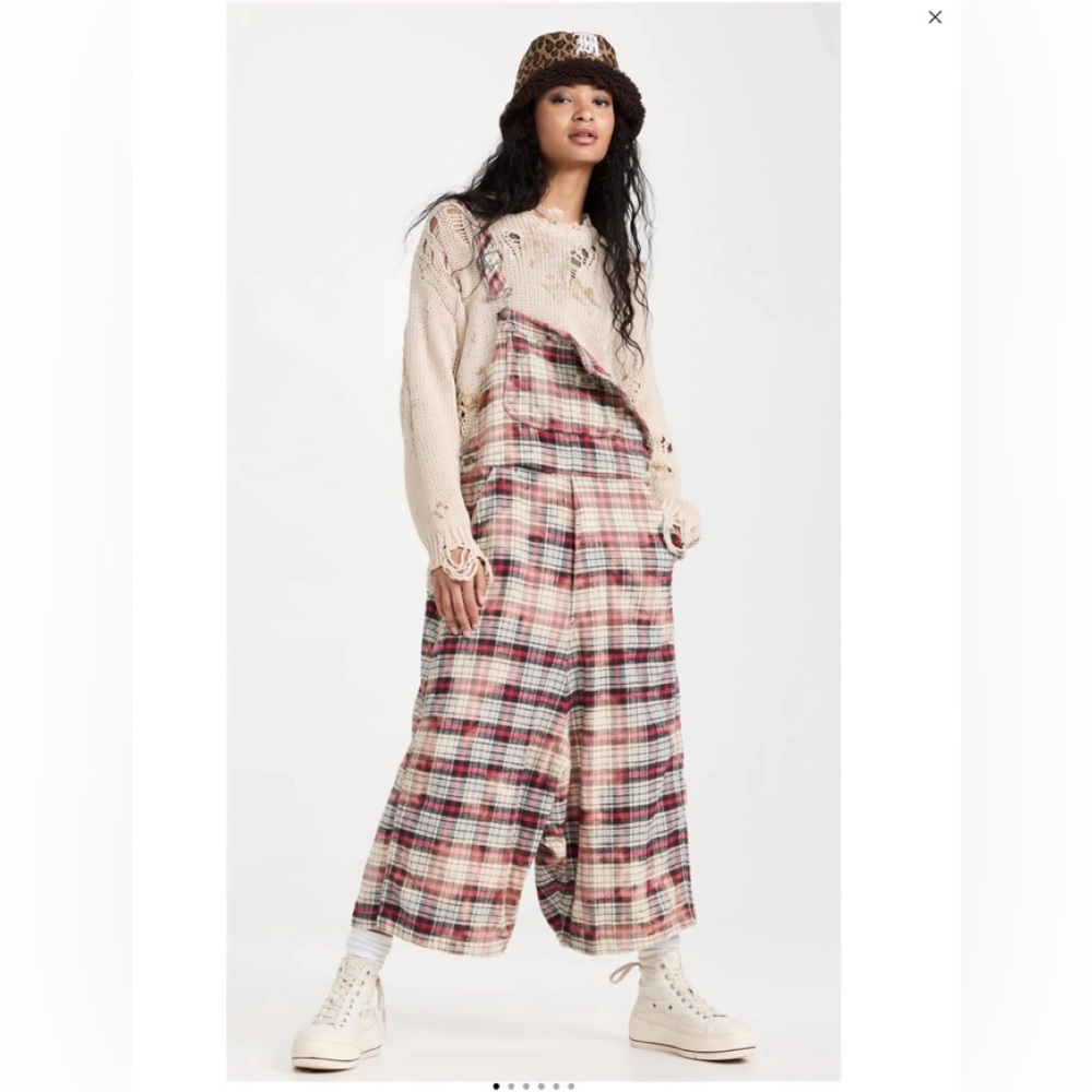 R13 Jumbo Plaid Overalls XS Bleach Grey Plaid